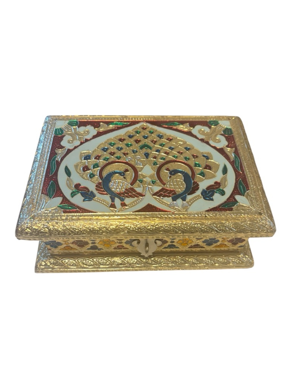 Meenakari Hand-Painted Gold Peacock Jewelry Box from India